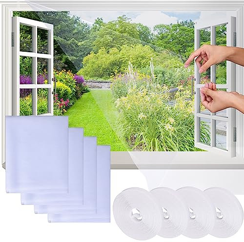 4 Stück Fliegengitternetze für Fenster, 150x180cm Selbstklebendes moskitonetz fenster, mit selbstklebendem doppelseitigem Klebeband und Cutter, hält Käfer/Fliegen/Mücken Draußen