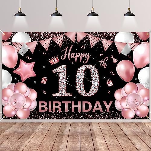 10.Geburtstag Banner Roségold Schwarz,BTZO 10.Geburtstagsbanner,Deko 10 Geburtstag Dekoration Banner Hintergrund für 10 Mädchen und Jungen Geburtstagsfeier Deko