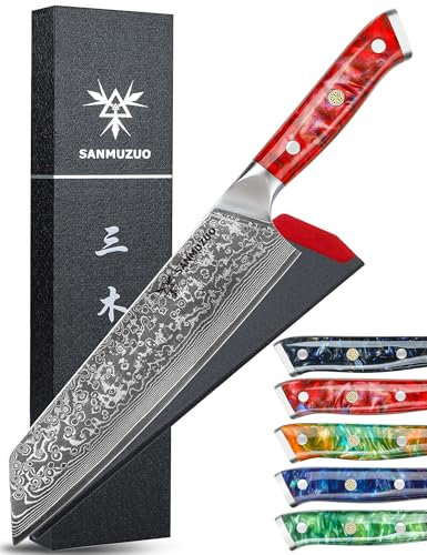 SANMUZUO Couteau Kiritsuke de 22cm - Couteau de Chef en Damas - Japonais en Acier de Damas 67 Couches Couteau de Cuisine - Manche en Résine (Rouge Coucher de Soleil) - Xuan Série