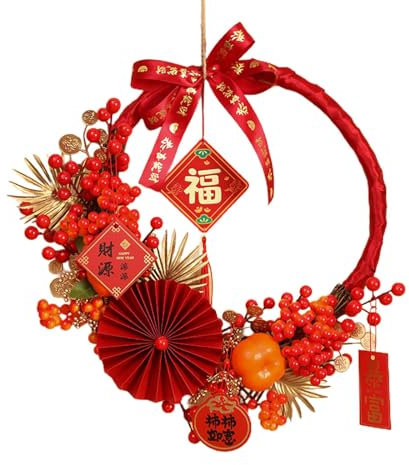 Generic Couronne de nouvel an chinois, couronne florale artificielle, couronne de porte d'entrée, couronne d'hiver pour porche, ferme, jardin, fenêtre