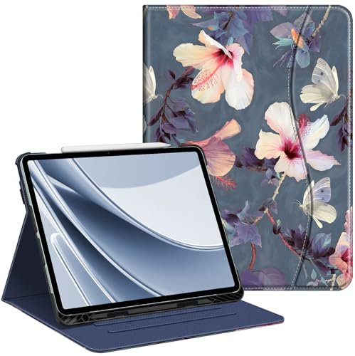FINTIE Coque pour iPad Air 13 Pouces M3/M2 (2025/2024) - [Rangement de Stylet] Housse Folio Multipositions avec Poche de Document Etui Veille/Réveil Auto, Fleur Hibiscus