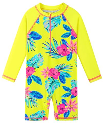 ZNYUNE Mädchen Einteiler Langarm Badeanzug Stoffdruck Kinder Schwimmanzug S337 YellowFlower 152/158