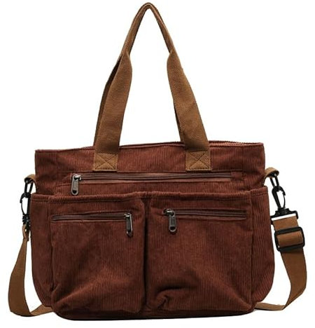Valleycomfy Cord Damen Umhängetasche Damen Mittelgroß Tote Bag Kord Crossbody Bag Frauen Shopper Schultertasche für Arbeit Büro Reisen Einkaufen Schule (Braun)