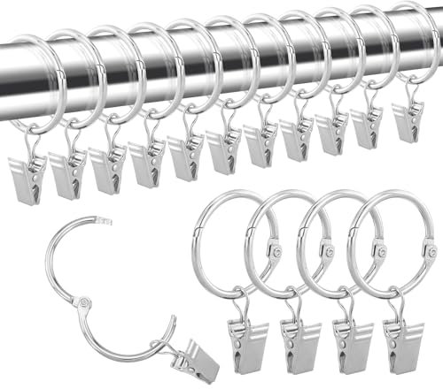 28 Pièces Anneaux de Rideau en métal avec Pince, Antirouille Anneaux Rideaux en Acier Inoxydble, Crochets de Rideau en Métal, Anneau de Tringle à Rideau pour Rideaux de Douche et de Fenêtre (argenté)