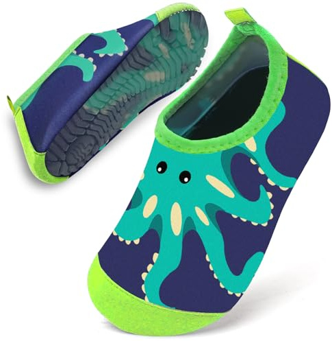 Water Shoes Toddler Kids Baby Infant Boys Beach Shoes Swim Shoes Barefoot Aqua Socks Non-Slip for Swmming Pool Water Park(Green Octopus,26/27)