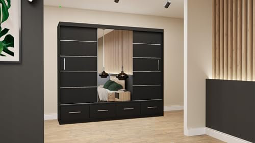 Easy4You Florence Schwarz Schiebetürenschrank Kleiderschrank 250x218x61 cm mit Spiegel - Schlafzimmermöbel, Aufbewahrung – Mehrzweckschrank mit 4 Schubladen und 4 Kleiderstangen