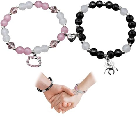 MLZTINGR erlenarmband – Kitty & Spider Design, Modeschmuck-Armband für Freunde & Paare, Geschenk für Fernbeziehung, Valentinstag & Muttertag, Schwarz/Rosa, Handkette 2er Set