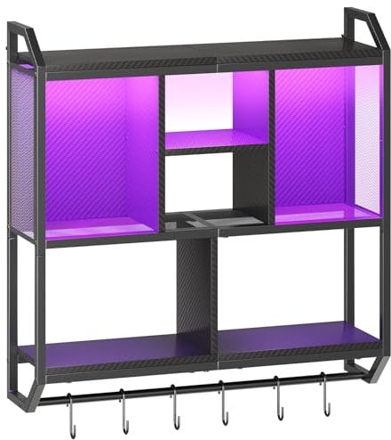 HOOBRO Gaming Floating Shelf, 73cm Wall Mounted Hanging Shelf with LED Lights, 4-Tier Display Rack for Wall Storage, Floating Storage Rack with 6 S-Hooks, for Gaming Room, Black EBB70DBJ01