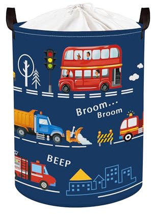 HUUMONSS Groß Wäschekorb Wasserdicht Aufbewahrungskorb für Kinder, 63L | Aufbewahrungsbox mit Stoff, Kleidung Spielzeug Buch Decke, Junge Kinderzimmer Schlafzimmer Badezimmer Waschküche, Auto