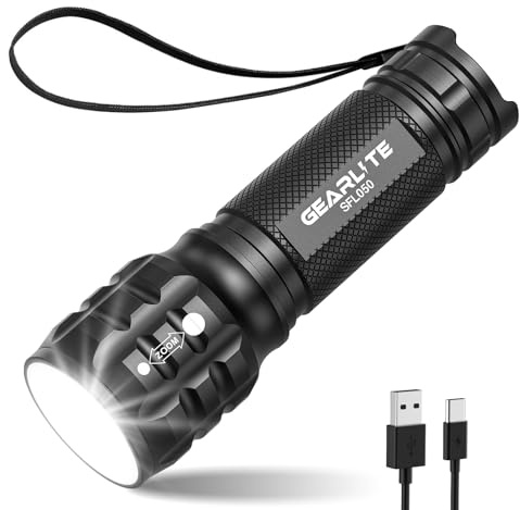 GEARLITE Rechargeable Torch, 2000LM Torches LED Super Bright Adjustable Focus, Waterproof Small Torch with 3 Lighting Modes, LED Torches for Dog Walking, Emergency, Power Cut, Gift for Dad Him