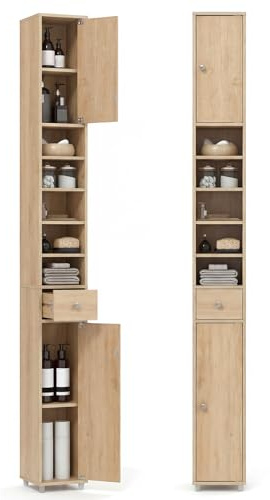 Multigot Bathroom Tall Cabinet (Natural) | Wooden Slim Cupboard with 1 Drawer, 2 Cabinets & 5 Adjustable Shelves, Narrow Organizer Unit for Bedroom Living Room Hallway