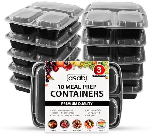 10 Meal Prep Containers - BPA Free Plastic - Microwave, Freezer and Dishwasher Safe - Reusable Takeaway Food Storage Boxes with Lids - 3 Compartments