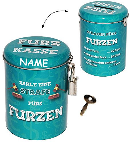 Spardose als Strafkasse - Furz Kasse - incl. Namen - stabile Sparbüchse aus Metall - incl. 2 Schlüssel - mit Strafe Furzen - Männer/stinken Schlafzimmer..