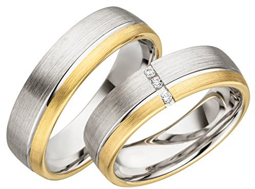 JC Trauringe Silber 925 Paarpreis Bicolor teilweise Gold Plattiert I Eheringe breit 6 mm I Partnerringe mit Gravur in edler Schatulle I 2 Hochzeitsringe Herrenring ohne & Damenring mit Steinen I JC011