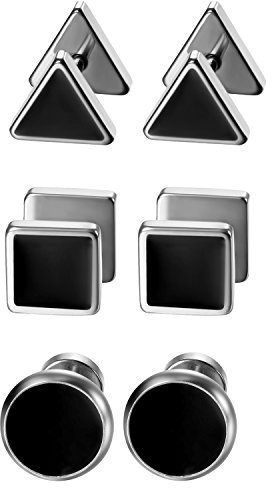 Aroncent Herren Damen Ohrstecker Set: 3 Paare Edelstahl Emaille Runde Dreieck Quadrat Fakeplugs Fake Ohr Plug Ohrringe Tunnel Piercing Silber Schwarz