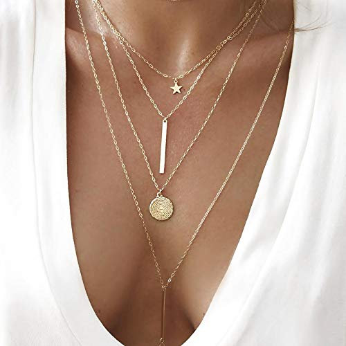 Jovono Böhmen mehrschichtige Damen-Halskette mit Pentagramm und Pailletten Anhänger Muster Halsband Ketten für Damen