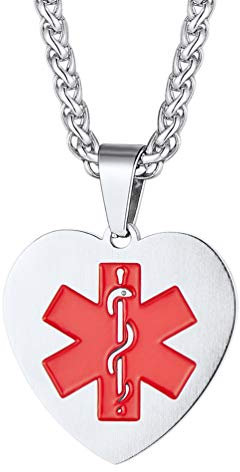 PROSTEEL Medical Alert ID Kette Schmuck personalisiert Edelstahl Herz Anhänger mit roten Symbol Stern des Lebens SOS Notfall für Epilepsie Allergie Patienten