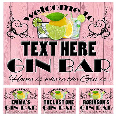 PERSONALISED GIN BAR NOVELTY GIFT IDEA METAL TIN WALL SIGN GLASSES LEMON AND ORANGE PINK PANEL THEME HOME BAR MAN CAVE PARTY (122PER)