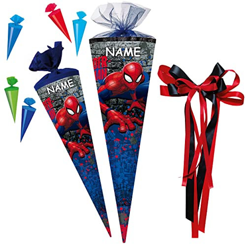 alles-meine.de GmbH Set Schultüte + 5 kleine Zuckertüten - Spider-Man/Spiderman - 35 cm - rund - incl. Name und große Schleife - mit Tüllabschluß - Zuckertüte - mit/OHN..