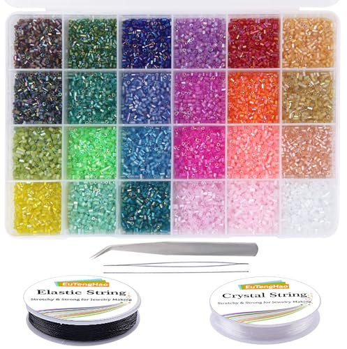 EuTengHao Lot de 14400 perles tubulaires en verre - Petites perles d'espacement pour bricolage, bracelets, colliers, travaux manuels, fabrication de bijoux - avec deux fils de cristal 24 couleurs