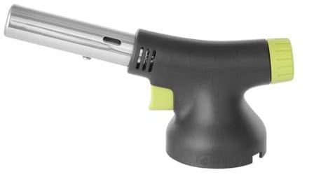HENDI Crème-Brûlée-Brenner flimmerfrei, für HENDI Gaskartuschen 199039, mit grünen Akzenten und dem ergonomischen Griff, Flambierbrenner, Butan, Gasbrenner, Küchenbrenne, 185x65x(H)100mm, Schwarz