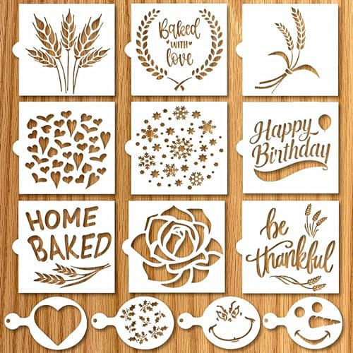 Artisan Brotschablonen | Brot-, Kuchen-, Kuchen- oder Keksschablonen (9 Stück) zum Dekorieren Ihres eigenen, einzigartigen Designs | Backschablonen-Set (14 x 14 cm) enthält klassischen Weizen, Sterne,