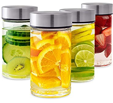 All About Juicing – 4 Stück Glasflaschen mit breiter Öffnung mit Deckel – für Saft, Smoothies, Infused Wasser, Getränkeaufbewahrung – 284 ml, BPA-frei, Edelstahldeckel, wiederverwendbar, Borosilikat