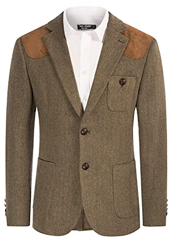 Men's Formal Tweed Patchwork Blazer 2 Button Wool Blend Sport Coat Coffee L