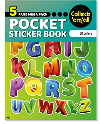 Taschen-Aufkleberbuch (5 Seiten) – 64 Mega-Packungen zum Sammeln farbiger Aufkleber für Kinder – 3D-Buchstaben