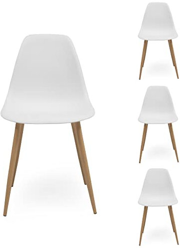 Homely – Pack 4 Sillas Comedor Cairo Nordic | Diseño Nórdico | Asiento de Polipropileno | Patas Metálicas Acabado Madera | Dormitorio, Cocina, Comedor, Estudio | 46x54x84cm | Color Blanco