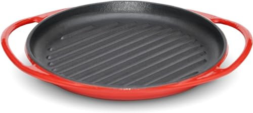 lätt Home Grill de Hierro Fundido Redondo Antiadherente 26 cm de Diámetro Apto para Cocina de Inducción, Vitrocerámica, Gas, Horno y Parrilla - Asas Prácticas - Rojo Cereza