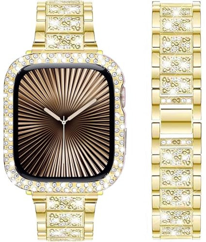DEALELE Correa compatible con iWatch de 40 mm, 44 mm, 41 mm, 45 mm, pulsera de metal con diamantes de imitación brillantes con funda protectora de repuesto para Apple Watch Series 7/6,5/4,SE, dorado