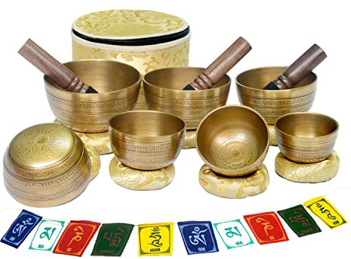 Tibetische Klangschale 7er Set Himalaya Schale Vajra Gravur Chakra Schale Authentische 7 Metalle Handgefertigt in Nepal für Yoga, Chakra Heilung, Tiefe Entspannung Achtsamkeit