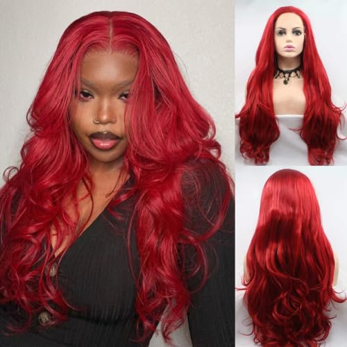AFBeauty Red Lace Front Wig Long Wavy Hot Red Natural Looking Free Part Wig Synthetic Heat Resistant Fiber Cosplay Party Makeup Wigs for Women