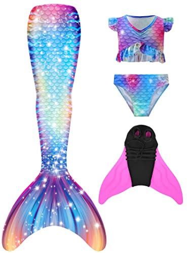 Pyjacos meerjungfrauenflosse mädchen Badeanzug - Meerjungfrau Flosse Bademode mit Bikini Set und Monoflosse Mermaid Tail, 4 Stück Set，4pinkseM2-140
