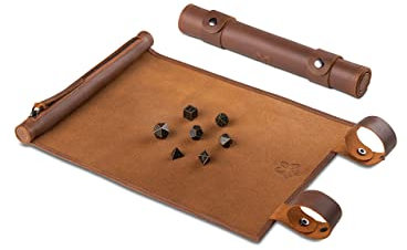 Melia Games RPG Würfelmatte zum Rollen inklusive Würfel Set - handgefertigte Würfelunterlage aus Echt-Leder - Pen and Paper Matte mit Würfelfach - für Fantasy-Rollenspiele (Tobacco + Bronze Set)