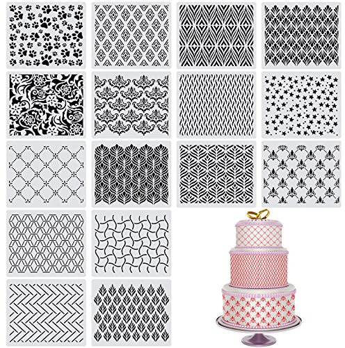 16 Pcs Cake Decorating Stencils Templates Floral Wedding Cake Molds Cookie Fondant Dessert Decorating Supplies Spray Flower Edge Molding Baking Mesh Tool Cake Decor, 25 x 21 cm
