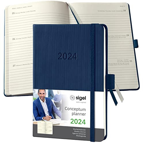 SIGEL C2463 Terminplaner Wochenkalender 2024, ca. A6, dunkelblau, Hardcover, 176 Seiten, Gummiband, Stiftschlaufe, Archivtasche, PEFC-zertifiziert, Conceptum