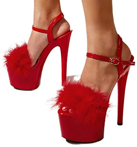 CHUNNUAN Catwalk Shows Sexy Extreme High Heels Pumps Mode Fell Feder Sommer Plateau Sandalen Frauen Offene Zehen Knöchelriemen Stripper Schuh - Rot, 35