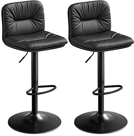 VASAGLE Bar Stools Set of 2, Breakfast Stool Chairs Height Adjustable with PU Cover, 360° Swivel, Kitchen Chairs with Backrest and Footrest, Black LJB094B88