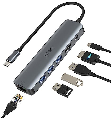 JESWO 6 en 1 Hub/Adaptateur USB C avec RJ45 Ethernet, 4K HDMI, 100W PD,3 Port USB 3.0, Type C Adaptateur Multiport pour Thunderbolt 3 Laptop MacBook Air/Pro, iPad Pro M1/M2, Mac Min