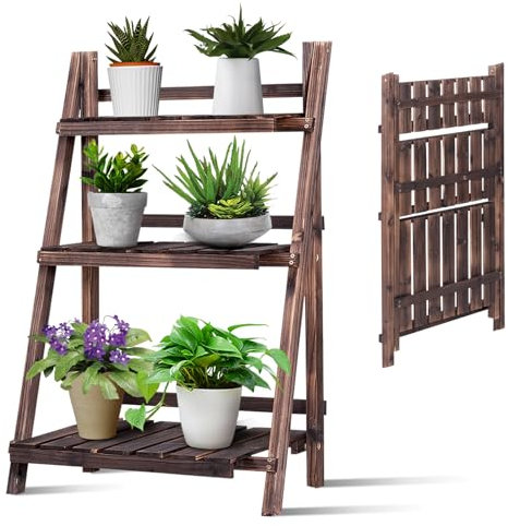 Estantería plegable de 3 niveles, para plantas de madera, ahorra espacio, soporte de escalera para plantas, ornamentos, para exteriores e interiores, para balcón y jardín, 60 x 32 x 93 cm