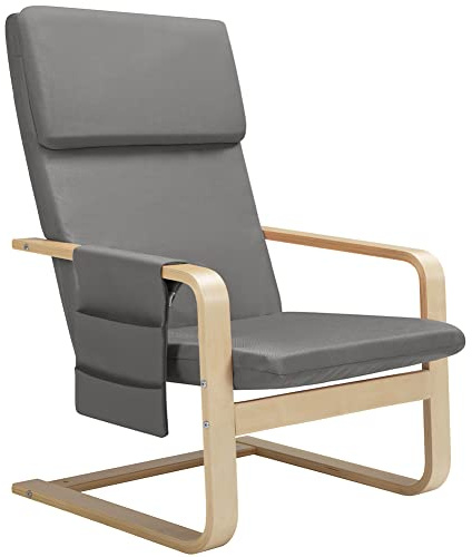 BAKAJI Stuhl aus Birkenholz mit Bezug aus Baumwolle, gepolstert aus sehr dichtem Schaumstoff, entspannender Sessel mit 2 Fächern und Kissen, ergonomischer Sitz (grau)