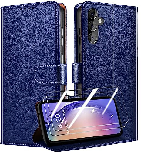 QHOHQ Handyhülle für Samsung Galaxy A54 5G Hülle + 2 Stück Panzer Schutz Glas, Premium PU Schutzhülle, [RFID Anti-Diebstahl Schutz], Magnetisches Flip Case für Samsung A54 5G - Blau
