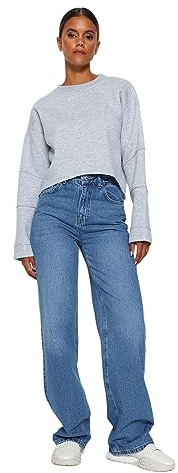 TRENDYOL Damen Gerade Weites Bein Hohe Taille Jeans, Blau, 42 EU