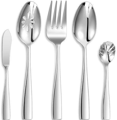 KEAWELL Premium Louis Servierlöffel aus Edelstahl 18/10, feines Löffelset mit eckigem Rand, spülmaschinenfest, silberfarbene Servierutensilien (Hostess Servierbesteck Set)