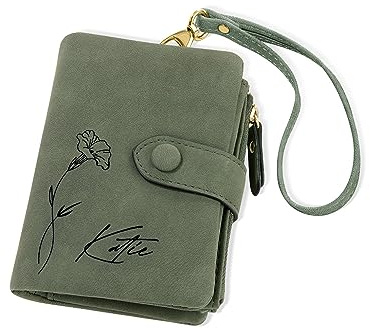 BYFDIY Personalisierbare, dreifach gefaltete Geldbörse mit Blume, Leder, Kartenhalter, personalisierbar, Kreditkartenhalter, dreifach gefaltet, schmal, mit 12 Fächern und 4 Seitentaschen, niedliche