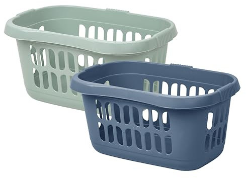 High Grade Plastic Large 60L Hipster Laundry Basket Hamper Clothes Washing Bedding Linen Storage Basket (Silver Sage + Midnight Navy)