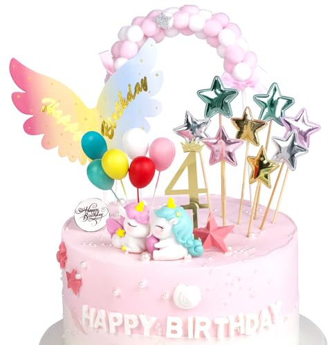 Einhorn Tortendeko 4 Jahre, Einhorn Kuchendeko 4. Geburtstag Mädchen, Torte Kuchen Deko Cake Topper, Geburtstagsdeko für Kinder Mädchen Junge