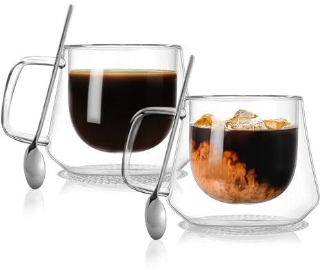 CNNIK Doppelwandige Thermogläser 2er Set – 220ml Espresso Tassen aus Glas mit Griff & Löffel – Kaffeegläser für Cappuccino, Latte Macchiato, Eiskaffee, Teegläser